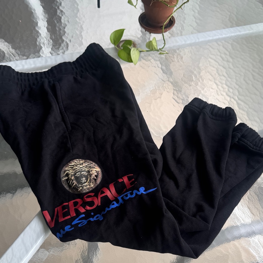 Versace Black Sweatpants with Gold Medusa and Red & Blue Logo